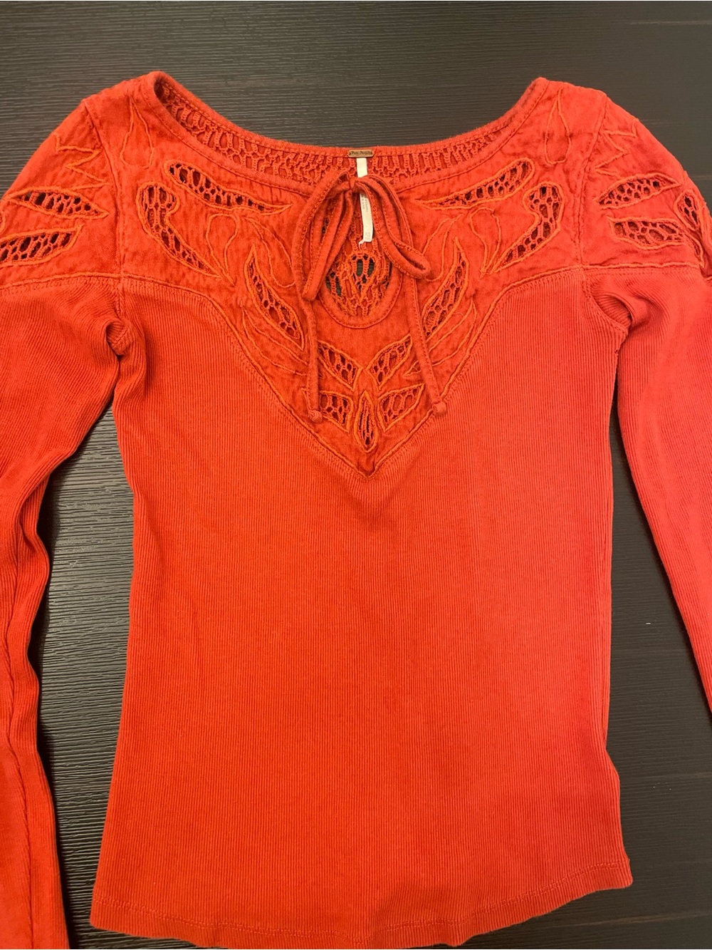 Free People Burnt Orange Long Sleeve Lace-Detail Ribbed Cotton Knit Keyhole Top